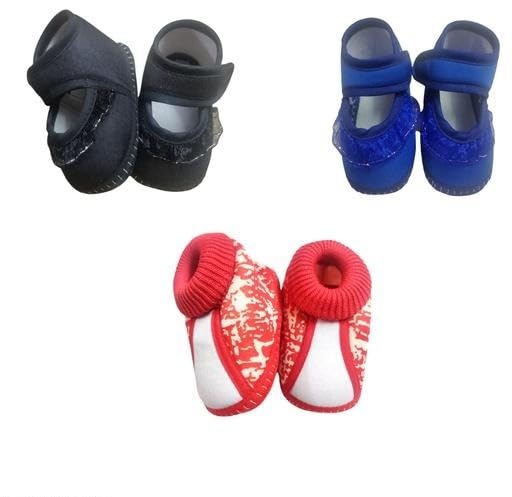 Baby Sandals & Shoes Pack of 3 Soft Comfortable Booties for Girls Slip On Infant Foot First Walking Shoes Black-Blue-Red 6-9 Months-image-25