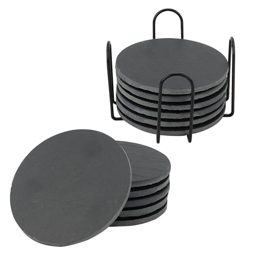 MUKCHAP 12-Piece Slate Coasters Set with Holder, Black Stone Coasters, 10cm/4 Inch Round