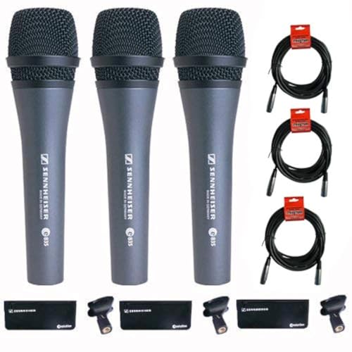 Sennheiser 3x e 835 Wired Cardioid Handheld Dynamic Lead Vocal Stage Microphone with Clip - With 3x Pyle PPMCL15 15ft Symmetric Microphone Cable, XLR Female to XLR Male
