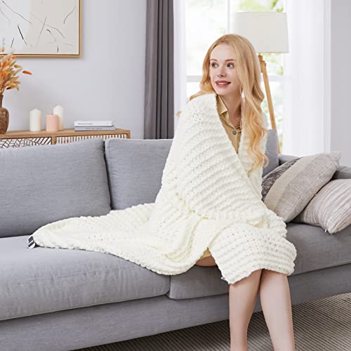WRENSONGE Chunky Knit Blanket, Beige Large Chunky Knit Throw Blanket for Couch, Bed, 100% Hand Chenille Knitted Throw Blanket, Soft Fluffy Cable Knit Crochet Blanket, 40"x40" Chunky Blanket
