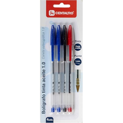 Centauro - Pack 4 Boligrafos Tinta Azul, Roja y Negra, Base Aceite, Punta 1mm, Alta Durabilidad, Secado Rápido, Perfecto como Material Escolar y de Oficina