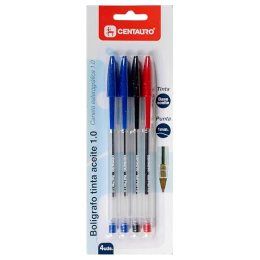 Centauro - Pack 4 Boligrafos Tinta Azul, Roja y Negra, Base Aceite, Punta 1mm, Alta Durabilidad, Secado Rápido, Perfecto como Material Escolar y de Oficina