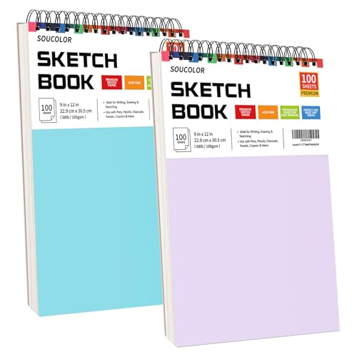 Image of Soucolor 9x12 Sketch Book 2-Pack, 100 Sheets, Acid-Free, Spiral Bound
