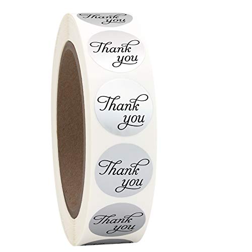 1 inch Round Silver Foil Thank You Sticker Labels in Script/Calligraphy Print, 1000 Labels per Roll, 1