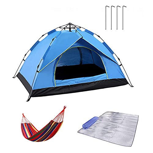 Tente de camping pop up bleue 200x200cm avec tapis et hamac pour randonnée