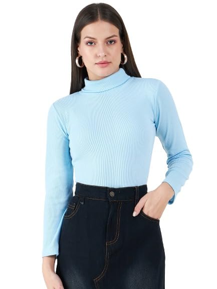n.h.k.a. Women's Cotton Solid Turtleneck Ribbed Top | Long Sleeves Stretchy Fitted Top for Women | Knitted Pullover Western T-Shirt-picture-10