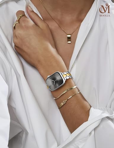 Moolia Stainless Steel Bracelet Compatible with Apple Watch Band 42/41/40/38mm Designer Elegant Metal Women Replacement for iWatch Series 11 10 9 8 7 6 5 4 3 2 1 SE/Ultra（1/2/3） Gold/Silver — view 4