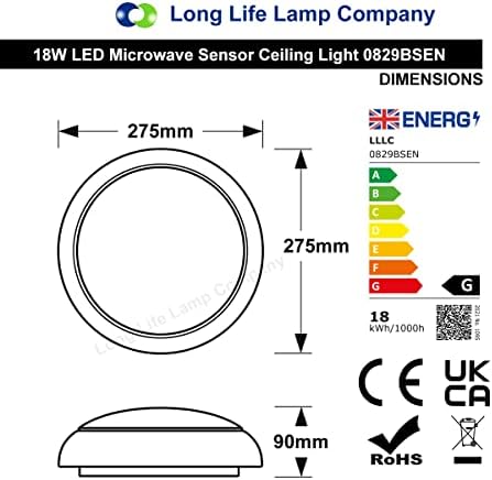 Long Life Lamp Company 18w Round LED Ceiling Light Motion Sensor IP54 Outdoor Indoor Microwave Technology PIR Bulkhead 6500k 0829