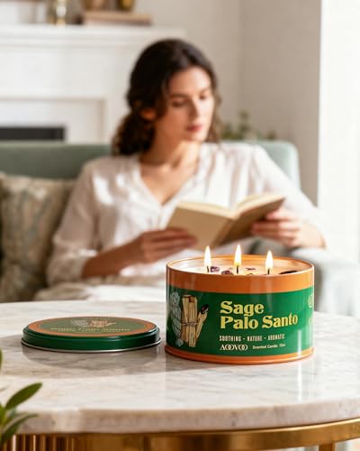 Image of AOOVOO 2 Pack Sage & Palo Santo Candles for Cleansing - 3 Wick 12oz Large Scented Candle with Amethyst Crystals, Sage & Palo Santo Inside, Non-Toxic Soy Candles for Meditation Spiritual Healing Gift