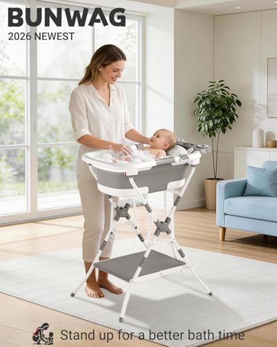 Image of BUNWAG Foldable Baby Bathtub with Stand, 2-in-1 Portable Infant Bath Tub for Newborns and Toddlers, Ergonomic Height for Back Protection& Compact Storage Design