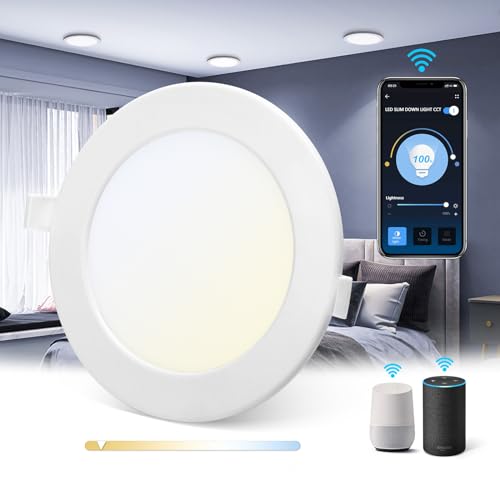 Aigostar Slim Downlight LED inteligente Wifi, 12W, CCT. Regulable de luz cálida a blanca 3000-6500K, 820lm. Compatible Alexa y Google Home. Foco empotrable: 17 x 3,2 cm alto. [Clase energética A +]