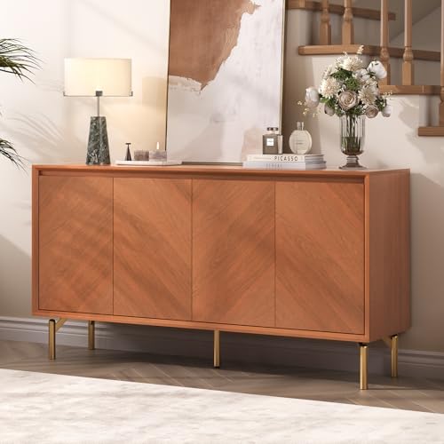Image of JOINICE 59 inch Sideboard Buffet Cabinet with Storage for Dining Room,Walnut | Adjustable Shelf,Versatile Credenza for Dining Room,Metal Legs, Living, Kitchen Coffee Bar and Entryway Console