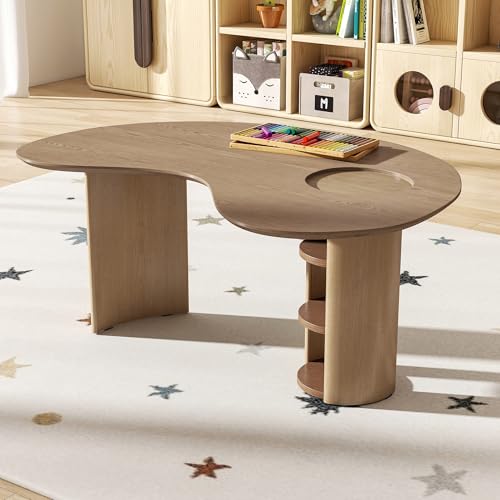 Image of Kids Table Activity Table with Storage, Toddler Art Table for Kids Ages 3-8, Solid Wood Train Tables Desk for Drawing /Crafting, 39 inch L Half-Moon Play Tables for Boys /Girls /Classroom, Natural