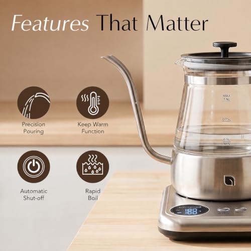 WILLOW Glass Gooseneck Electric Kettle, 5 Temperature Control Presets & Keep Warm, Pour Over Kettle for Coffee & Tea, 1L 1200W Hot Water Boiler, Non-Toxic BPA-Free Electric Tea Kettle, LED Display by WILLOW - Used condition - Image 3
