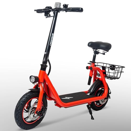 Phantomgogo Electric Scooter for Adults Foldable Scooter with Seat & Carry Basket E-Scooter with Brushless Motor 15MPH 265lbs Max Load E Mopeds for Adults Commuter (R1, Red)
