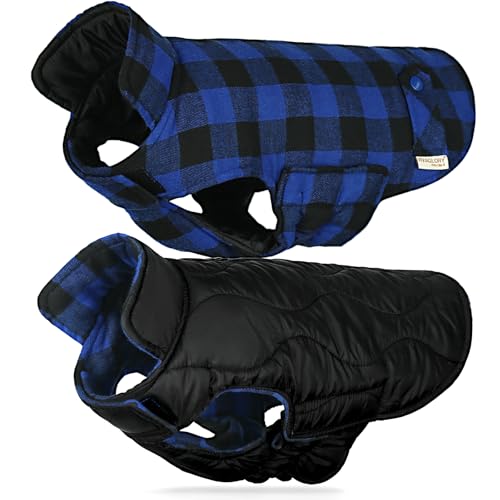 VIVAGLORY Softjoy Hundemantel, Wintermantel mit Bauchschutz, Hundejacke für Winter & Weihnachten, Warm Softshell Kariert Schnittmuster Verstellbar, L, Schwarz Blau
