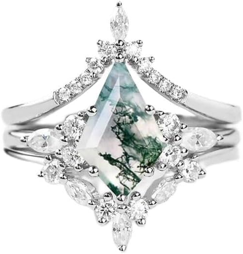Natural Moss Agate 925 Silver Engagement Ring Set - 3 Piece Couple's Promise Wedding Ring - Rhombus Green Stone Aqua Emerald Rose Gold Gift for Women (8 Silver)