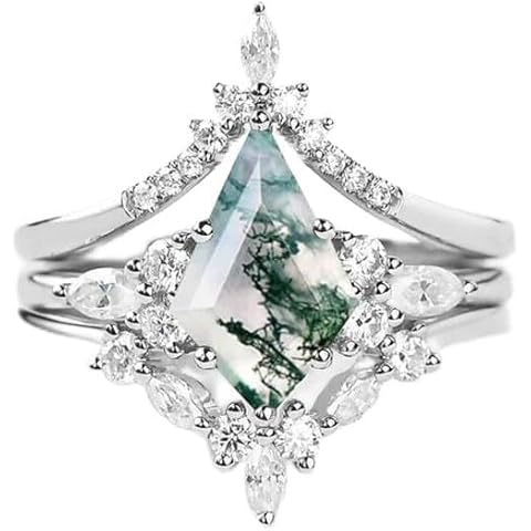 Natural Moss Agate Ring 925 Silver Moss Agate Engagement Ring Set Promise Wedding Ring Rhombus Green Moss Stone Aqua Agate 3 Piece Couple's Ring Emerald Ring Rose Gold Ring Gift for Women（8Silver） Cover