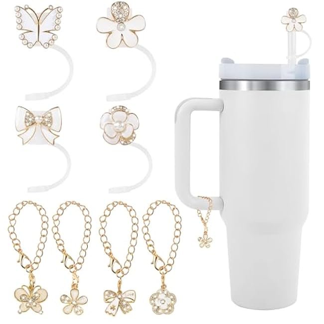 Straw Cover Caps for Stanley Cup Accessories - 10mm 0.4 Straw Lids with Shiny Diamond Bows, Butterflies, and Flowers and Matching Chain Charms for 30 & 40oz tumblers with Handles£¨White)
