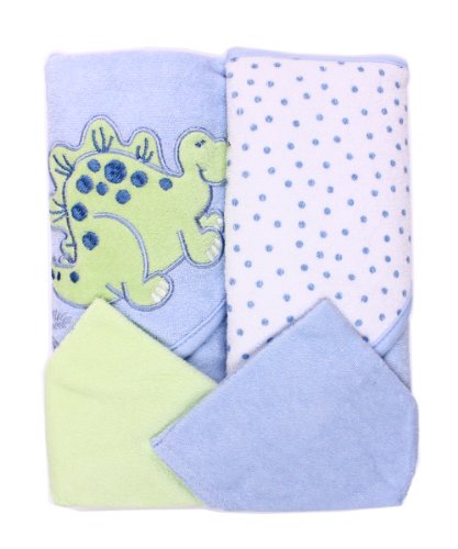 Image of Spasilk Hooded Terry Bath Towel with Washcloths, Dino Blue, 2-Count