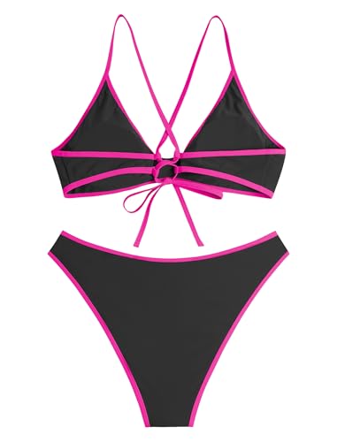 Image of ZAFUL Women's Tie Back Padded High Cut Bralette Bikini Set Two Piece Swimsuit