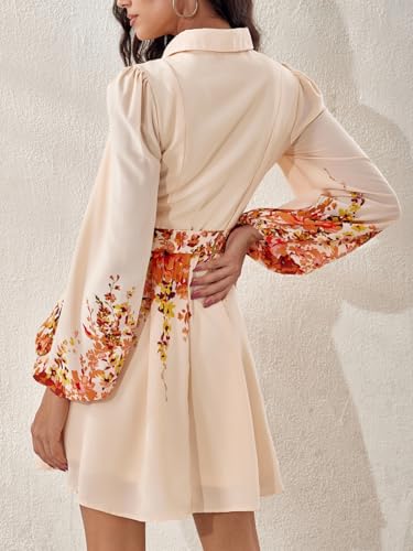 Image of Women Long Sleeve Spring Button Down A-Line Floral Print Summer Cocktail Shirt Dresses with Belt