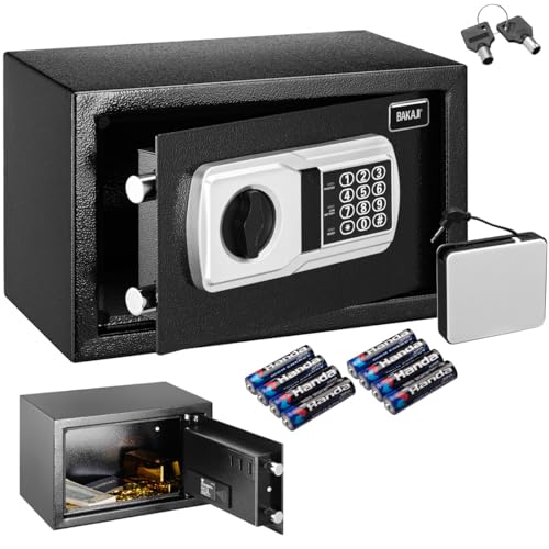 BAKAJI Coffre-fort électronique de sécurité avec boîte de batterie externe, boîte à valeurs et documents anti-effraction pour maison, hôtel, installation murale ou indépendante, 31 x 20 x 20 cm (Noir)