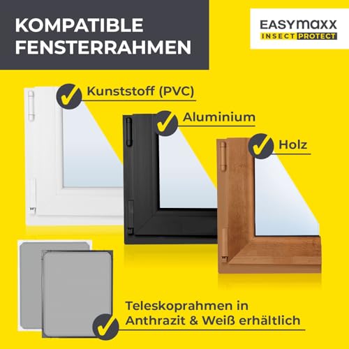 EASYmaxx Insect Protect | Teleskop-Insektenschutzgitter | Fliegengitter Fenster | mit vormontierten Rahmen | ausziehbarer Insektenschutz | integriertes Moskitonetz | weiß