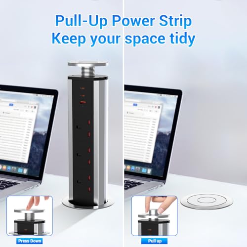 Hanstore Pop Up Socket Pull Pop Up Electrical Plug Socket With 2 Type-C & 1 Usb Charging Ports 3 Plug Extension Desk Power For Kitchen Worktops Home Office, Sliver - 4