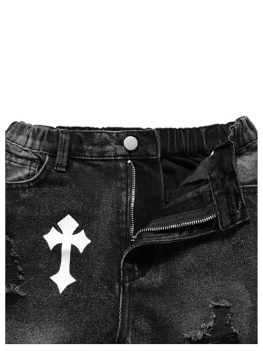 Floerns Boy's Street Denim Pants Cross Print Distressed Ripped Y2k Tapered Jeans3
