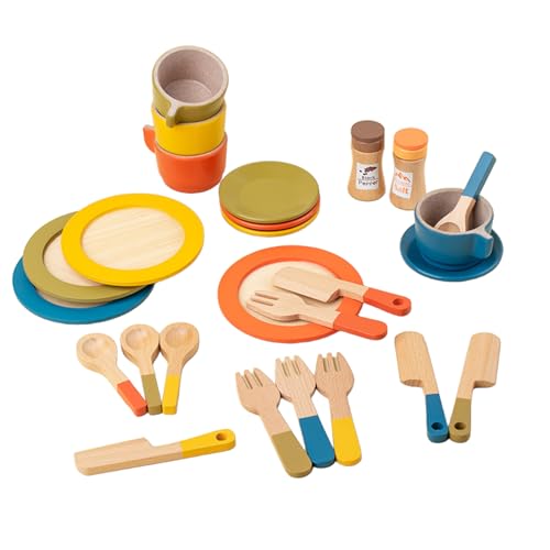 quiodok Accesorios de cocina infantil, juego de té, juego de cocina, juego de rol, juguete de madera, regalo para niños, vajilla para niños y niñas a partir de 3, 4, 5, 6 años