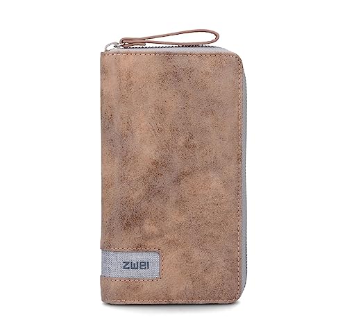 Zwei große Damen Geldbörse O.Wallet OW2 braunes Portemonnaie im Vintage-Style, Geldbeutel mit umlaufendem Reißverschluss, 15 Kartenfächer, 2 Scheinfächer, Münzfach & Sichtfach (Ice)