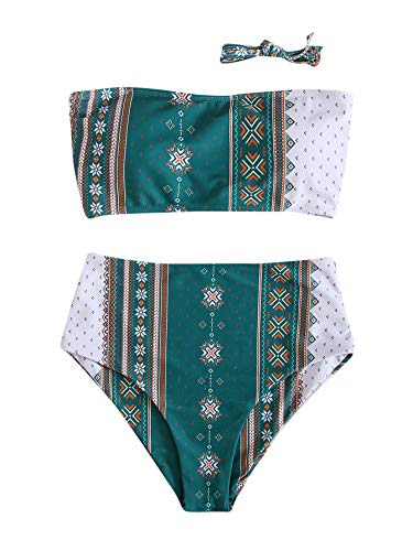 Floerns Women's Boho Two Piece High Waist Bathing Suit Bandeau Swimsuit Dark Green Multi S #TOP5