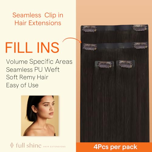 Image of Full Shine Human Hair Clip in Extensions, Dark Brown, Thick Ends | Brown Hair Extensions, 16 Inch 65g 4 Pcs, Added Volume for Thin Areas, Silky Straight, Weekend Outings, Fine Hair