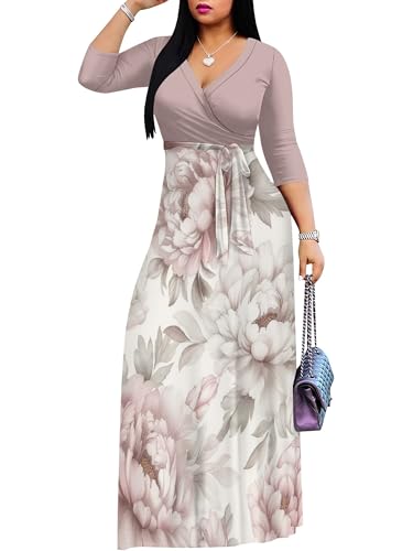Image of SUZONANA Plus Size Dresses for Women Floral Print Maxi Dress Flowy 3 /4 Sleeve with Belt