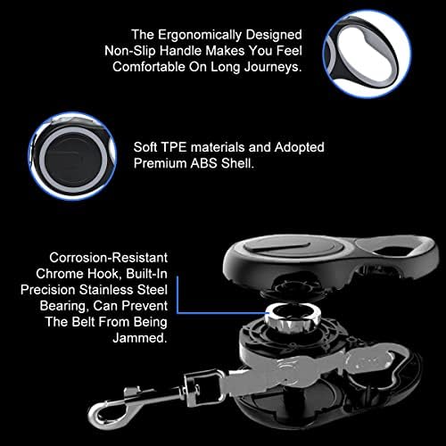 Retractable Dog Lead, Reinforced Extendable with Non-Slip Handle & Adjustable Dog Lead,Tangle-Free, 5M / 16FT Strong Nylon Band, One-Hand Brake Pause Lock for Small Medium Large Dogs (Grey)