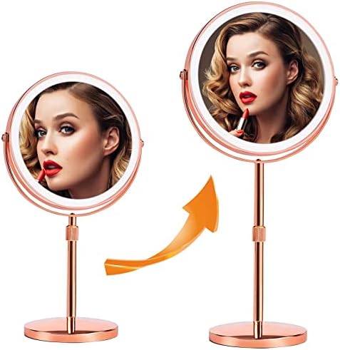 Lighted Magnifying Makeup Mirror with Lights,Height Adjustable,1x/10X Rechargeable Magnified Vanity Mirror with 3 Color Lights,360° Rotation Light Up Mirror and Double Sided Cosmetic Mirror,Rose Gold