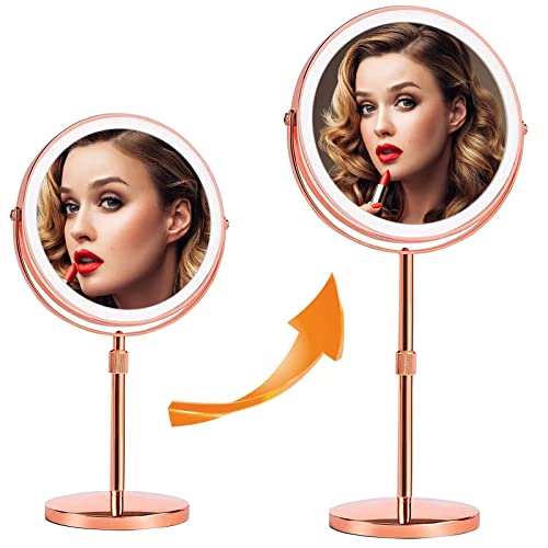 Lighted Magnifying Makeup Mirror With Lights,Height Adjustable,1X/10X Rechargeable Magnified Vanity Mirror With 3 Color Lights,360° Rotation Light Up Mirror And Double Sided Cosmetic Mirror,Rose Gold #TOP1