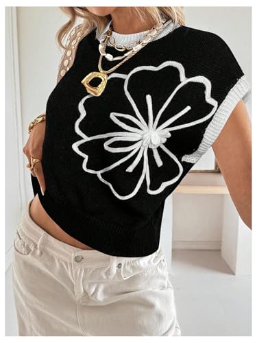 Image of SOLY HUX Women's Short Sleeve Sweater 3D Floral Sweaters Pullover Tank Tops Knit Vest Trendy Fashion Clothing Black White Flower X-Small