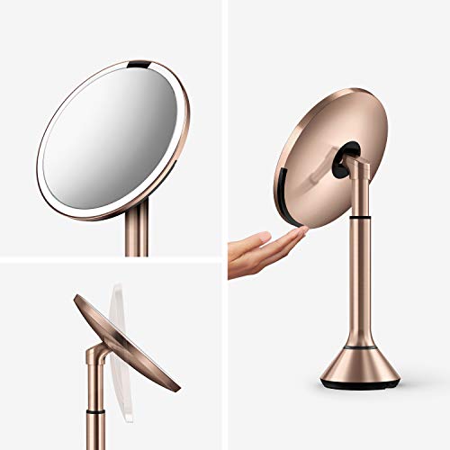 Simplehuman Tabletop Mount 8" Round Sensor Makeup Mirror With Touch-Control Dual Light Settings, 5X Magnification, Rechargeable And Cordless, Rose Gold Stainless Steel #TOP1