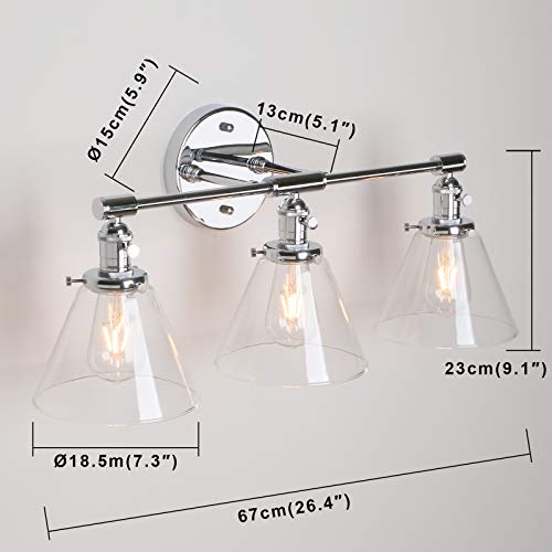 Image of Vintage Industrial Antique Three-Light Wall Sconces with Funnel Flared Clear Glass Shade (Chrome)
