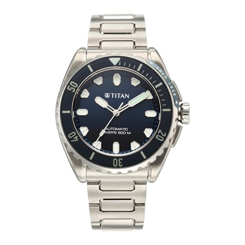 Image of Titan Zero Hour Diver's Certified 500m Automatic Analog with Blue Dial Silver Titanium & Blue FKM Strap Watch for Men - 10071KM01