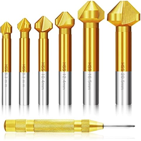 6 tlg. 90° Kegelsenker Satz HSS Senker Set, Titan-Beschichtungen Ø 6,3-20,5 mm Senkbohrer mit 1Messing Automatische Center Bohrer Punch für Kohlenstoffstahl Senkbohrer, Dämmplatte, PVC, Metall & Holz Cover