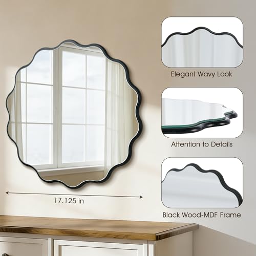 Image of Small Black Wavy Round 17 inch Scalloped Modern Wall Vanity Decor Mirror