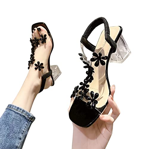 Women Shoe Summer Block Low Heeled Dress Shoes Elegant Pumps Party Prom Crystal Flower Clear Sandals Heels Sale