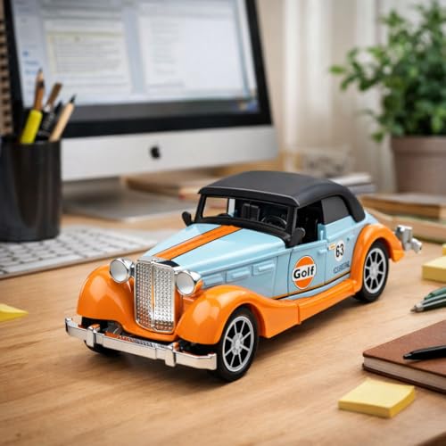 Image of 1:36 Scale Vintage Die-Cast Classic Car Model Toy | Pull Back Sports Car Toy with Openable Doors | Premium Alloy Vehicle Toy for Kids & Collectors | Blue-Orange Racing Edition
