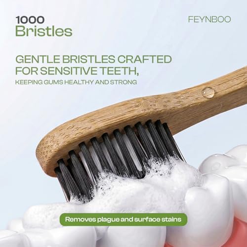 FeynBoo Bamboo Toothbrushes Medium Bristles 6 Pack - BPA Free Bristles Toothbrushes for Adults - Eco-Friendly, Natural Wooden Toothbrush (Light Brown, White, Black) - 1
