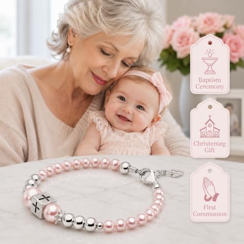 Image of Pink Pearl Bracelet, Sterling Silver Cross Charm Baptism Gifts for Girl