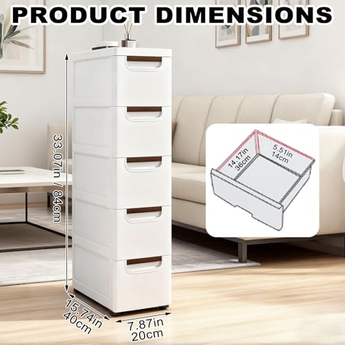 Gabinete de almacenamiento delgado para baño con cajones y ruedas de plástico ajustable 3