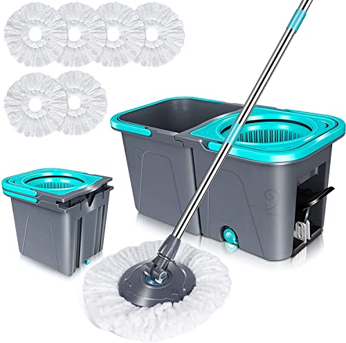 MASTERTOP Balai à Franges et Seau Essoreur à Pédale, Serpillère Rotative 360° avec Manche Téléscopique, Seau Détachable avec 2 Compartiments pour Séparer l'eau Sale, Offre 6 Tampons Microfibre (Vert)